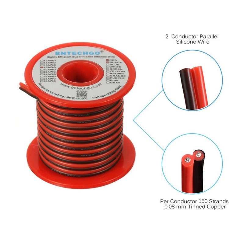 BNTECHGO 18 Gauge Flexible 2 Conductor Parallel Silicone Wire Spool Red Black High Resistant 200 deg C 600V for Single Color LED Strip Extension Cable Cord,Model,25ft Stranded Tinned Copper Wire - Image 2